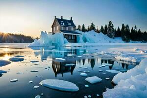 une maison est assis sur Haut de un la glace banquise. généré par ai photo