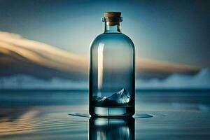 une bouteille de l'eau séance sur le l'eau avec une Montagne dans le Contexte. généré par ai photo