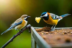 deux des oiseaux en mangeant de une chargeur. généré par ai photo