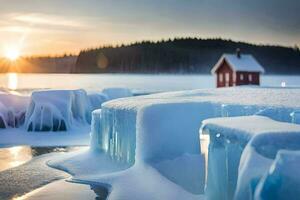 le Soleil ensembles derrière une congelé Lac et une rouge maison. généré par ai photo