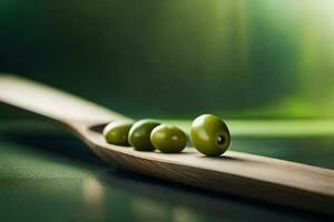 Olives sur une en bois cuillère. généré par ai photo