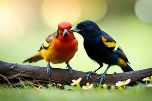 deux coloré des oiseaux séance sur une branche. généré par ai photo