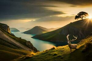 le cerf est permanent sur le herbeux flanc de coteau avec le Soleil réglage plus de le lac. généré par ai photo