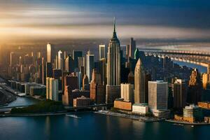 le Manhattan horizon à le coucher du soleil. généré par ai photo