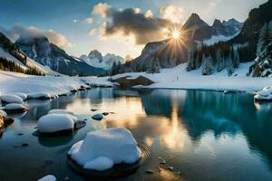 une magnifique hiver scène avec neige couvert rochers et l'eau. généré par ai photo