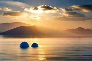 deux bleu des balles flottant dans le l'eau à le coucher du soleil. généré par ai photo