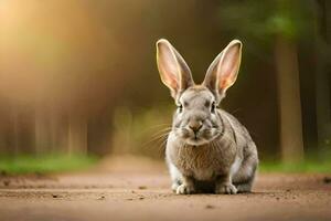 une lapin séance sur le route dans le lumière du soleil. généré par ai photo