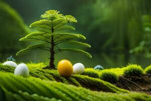 le arbre est entouré par des œufs et herbe. généré par ai photo