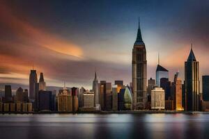 le Manhattan horizon à le coucher du soleil. généré par ai photo