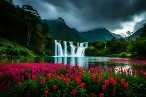 le cascade dans le milieu de le Lac est entouré par rose fleurs. généré par ai photo