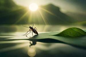 une punaise sur une feuille dans le l'eau avec le Soleil brillant. généré par ai photo