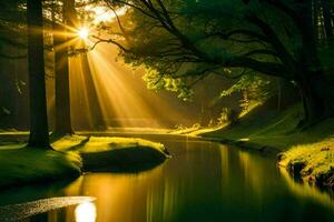 le Soleil brille par le des arbres et le l'eau dans une forêt. généré par ai photo