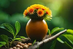 une vase avec fleurs et des œufs sur une branche. généré par ai photo