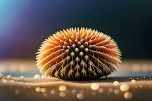 une proche en haut de une épineux Balle sur le sable. généré par ai photo