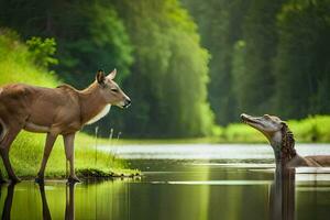 deux cerf permanent dans le l'eau près une rivière. généré par ai photo