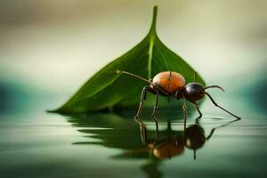 une petit insecte est permanent sur une feuille. généré par ai photo