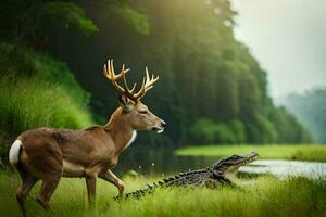 une cerf et un alligator dans le herbe. généré par ai photo