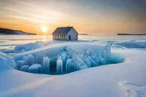 une maison dans le milieu de un la glace couvert lac. généré par ai photo