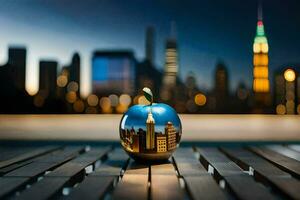 un Pomme séance sur une table avec une ville horizon dans le Contexte. généré par ai photo