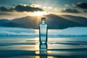 une bouteille de l'eau est assis sur le plage avec le Soleil réglage derrière il. généré par ai photo