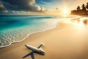 un avion sur le plage à le coucher du soleil. généré par ai photo