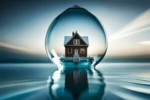 une maison est à l'intérieur une verre bulle sur le l'eau. généré par ai photo