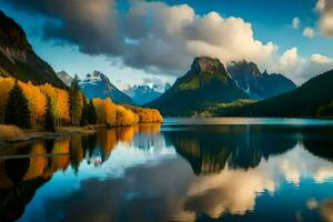 une Lac entouré par montagnes et des arbres. généré par ai photo