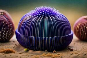 Trois violet et bleu objets séance sur Haut de sable. généré par ai photo