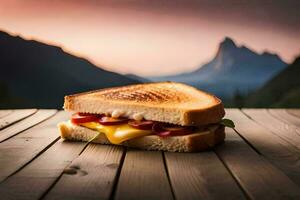 une sandwich avec fromage et des légumes sur une en bois tableau. généré par ai photo