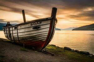 une bateau est assis sur le rive à le coucher du soleil. généré par ai photo