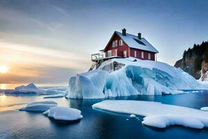 une maison sur un iceberg dans le océan. généré par ai photo