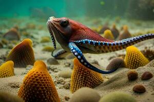 un poulpe est nager dans le océan avec certains corail. généré par ai photo