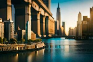 une miniature ville avec une pont et bâtiments. généré par ai photo