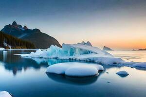 la glace flotteurs dans le l'eau à le coucher du soleil. généré par ai photo