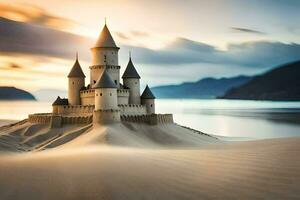 une Château sur le plage à le coucher du soleil. généré par ai photo