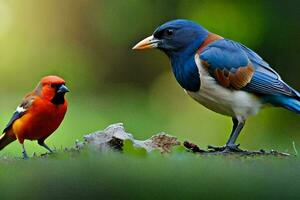 deux coloré des oiseaux permanent sur le herbe. généré par ai photo