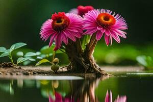 deux rose fleurs sont croissance en dehors de une souche. généré par ai photo