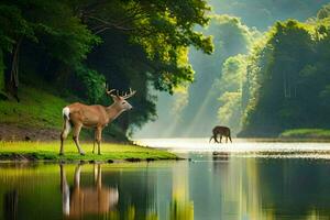 deux cerf permanent sur le banque de une rivière. généré par ai photo