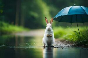 une lapin est permanent en dessous de un parapluie dans le pluie. généré par ai photo