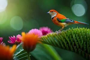 une coloré oiseau est perché sur Haut de une fleur. généré par ai photo