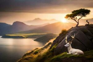 une cerf est assis sur une Roche surplombant une Lac et montagnes. généré par ai photo