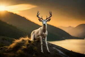 une cerf est séance sur une colline surplombant une lac. généré par ai photo