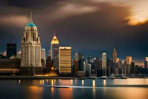 le Manhattan horizon à crépuscule. généré par ai photo