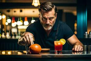 une homme est fabrication un Orange boisson à une bar. généré par ai photo
