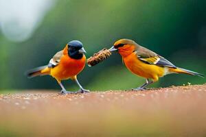 deux des oiseaux sont permanent sur le sol avec une oiseau dans leur le bec. généré par ai photo