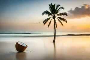 une noix de coco sur le plage à le coucher du soleil. généré par ai photo