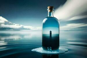 une bouteille de l'eau avec une phare dans le milieu. généré par ai photo