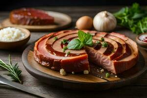 une tranché jambon sur une en bois Coupe planche. généré par ai photo