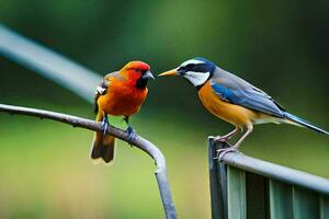 deux des oiseaux sont séance sur une clôture ensemble. généré par ai photo