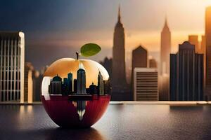 un Pomme avec une paysage urbain dans le milieu. généré par ai photo